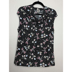 Anne Klein Women's Sleeveless Drape Neckline Blouse Size Large Dragonfly Print